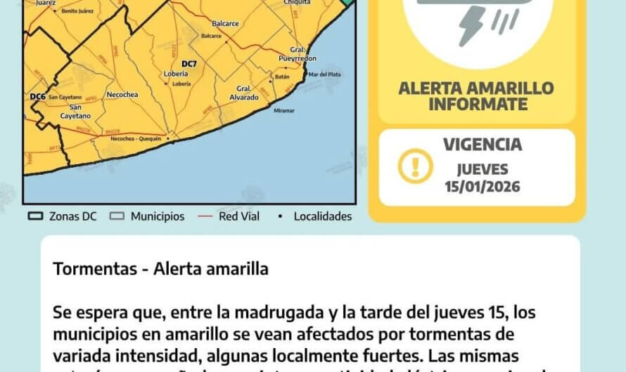 Alerta amarillo por tormentas, para el jueves 15 de enero